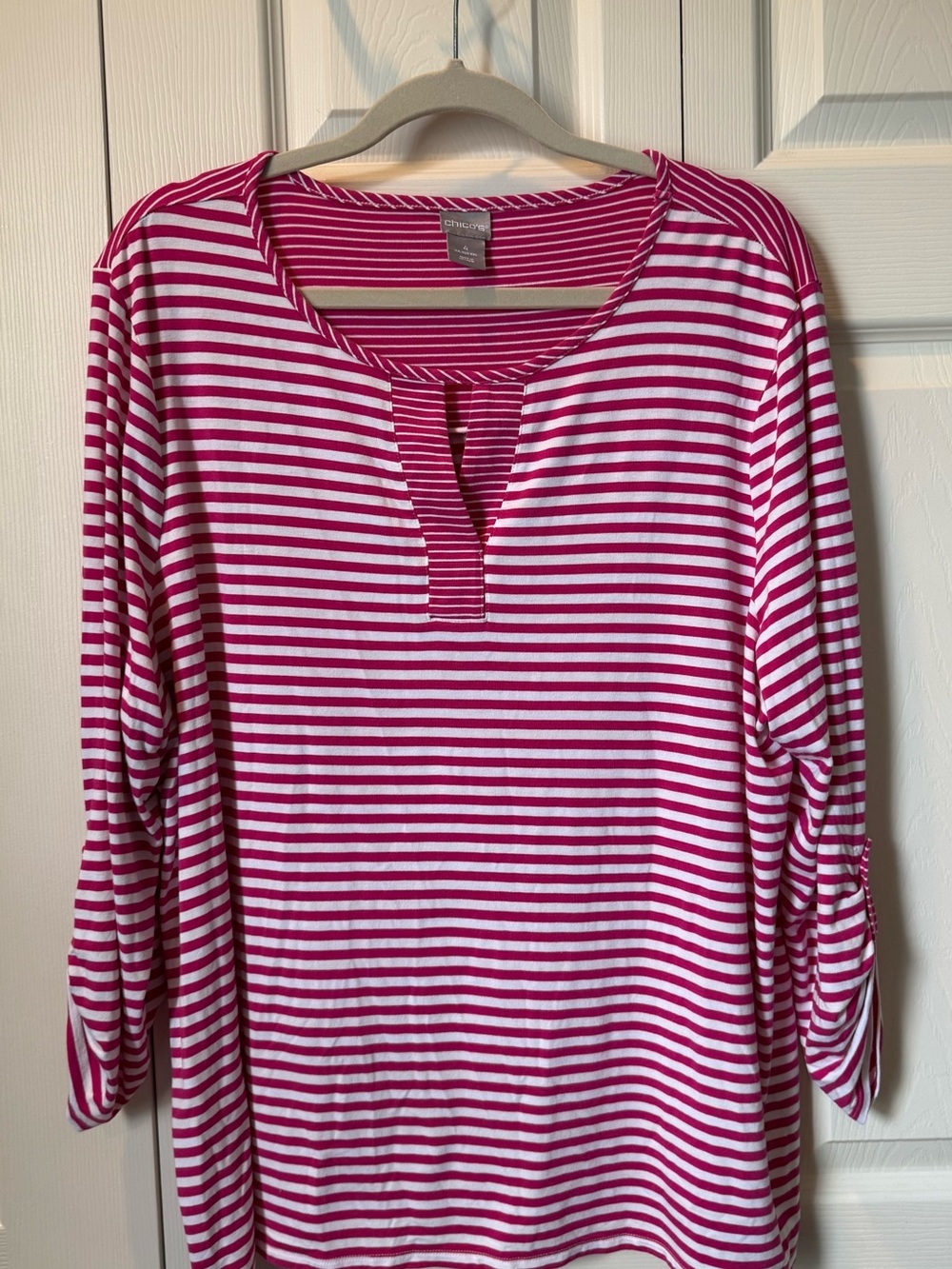 # Chico's XXL Hot Pink and White Striped 3/4 Sleeve Knit Top